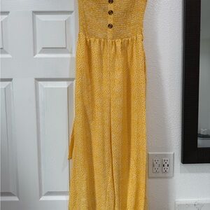 Yellow Smocked Button-Front Wide Leg Jumpsuit